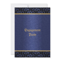 Damask blue gold elegant wedding party custom invite