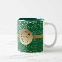 DAMASK FLORAL LETTER C MONOGRAM GREEN GOLD COFFEE MUGS