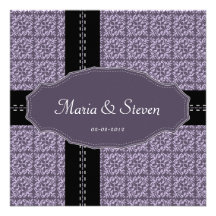 Damask flower black purple stitch wedding personalized invitations