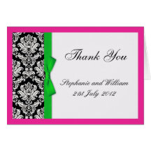 Damask Green Bow with Hot Pink Thank You Cards