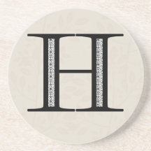 Damask Letter H - Black Drink Coaster