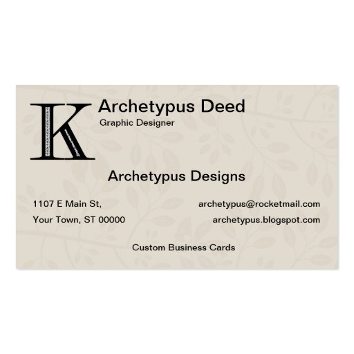Damask Letter K - Black Business Card Templates