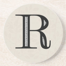 Damask Letter R - Black Beverage Coaster