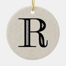 Damask Letter R - Black Christmas Tree Ornaments