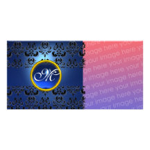 DAMASK MONOGRAM  black blue saphire Photo Card