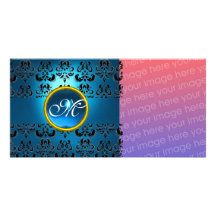 DAMASK MONOGRAM  black blue sapphire Photo Card Template
