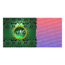 DAMASK MONOGRAM  black green jade Customized Photo Card