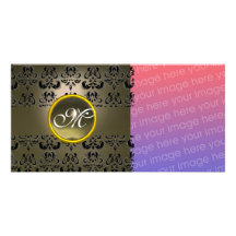 DAMASK MONOGRAM  black grey agate Photo Greeting Card