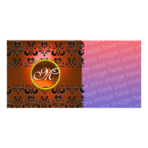 DAMASK MONOGRAM  black orange topaz Custom Photo Card