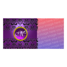 DAMASK MONOGRAM  black purple amethyst Photo Cards