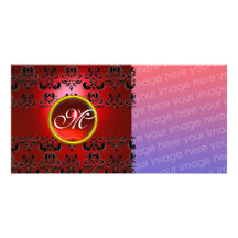 DAMASK MONOGRAM  black red ruby Customized Photo Card