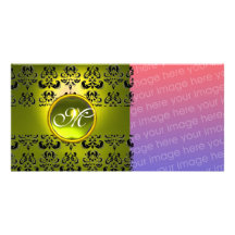 DAMASK MONOGRAM  black yellow topaz Photo Card Template