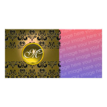 DAMASK MONOGRAM  black yellow topaz Customized Photo Card