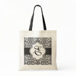 Damask Monogram Bridesmaid Tote Black Handles Canvas Bag