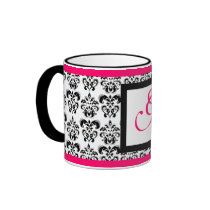 DAMASK MONOGRAM,pink fuchsia Coffee Mug