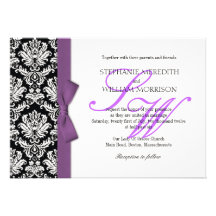 Damask Monogram Purple Bow Wedding Invitation