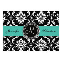 Damask Monogram Wedding Invitations Turquoise