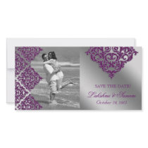 Damask Photo Card Save the Date Sparkle Purple Sil