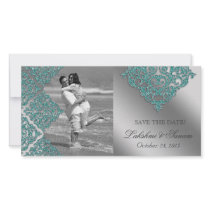 Damask Photo Card Save the Date Sparkle Teal
