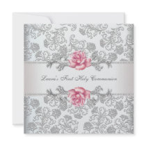 Damask Pink Rose Girls First Communion Invitation