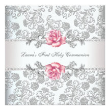 Damask Pink Rose Girls First Communion Invitation