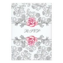 Damask Pink Rose Girls First Communion RSVP Announcement