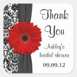 Damask Red Daisy Wedding Bridal Shower Thank You Square Stickers