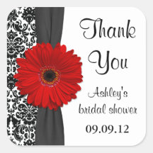 Damask Red Daisy Wedding Bridal Shower Thank You Square Stickers