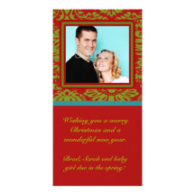 Damask Red Green and Teal Personalized Photo Card