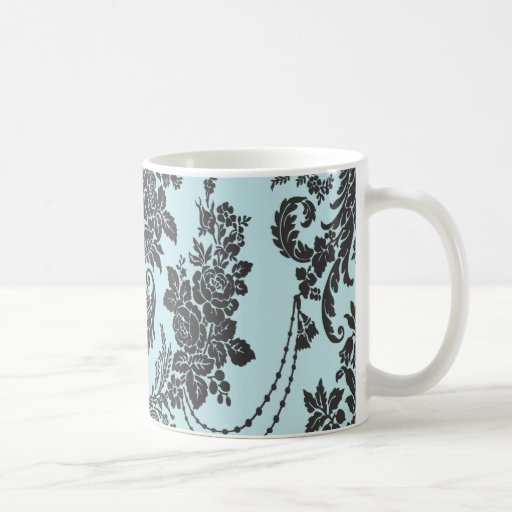 damask roses light blue and black coffee mug