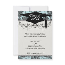 damask roses light blue and black graduation invite