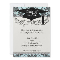 damask roses light blue and black graduation custom invites
