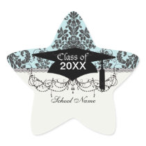 damask roses light blue and black graduation star sticker