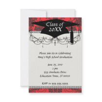 damask roses red and black graduation personalized invitation