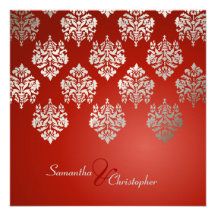 Damask/ruby red/faux silver wedding invitations