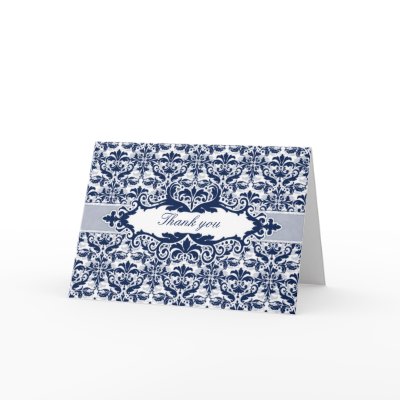 Damask & Scroll Frame Thank You card (Navy Blue) by 220Luxe