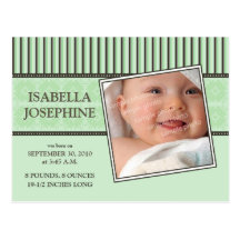 Damask & Stripes Coral Baby Birth Announcement Postcard