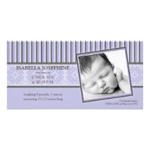 Damask & Stripes Lilac Birth Announcement Custom Photo Card