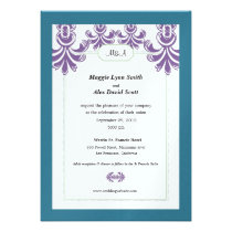 damask teal purple border wedding with monogram invitations