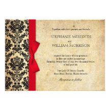 Damask Vintage Red Bow Wedding Invitation