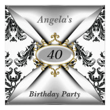 Damask White Birthday Party black white Invitation