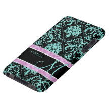 Damasked bleu et noir d'Aqua avec le monogramme Coque iPod Touch
