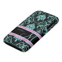 Damasked bleu et noir d'Aqua avec le monogramme Coque iPhone 3