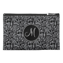 Damassé argentée noire élégante initiale de monogr trousse de voyage