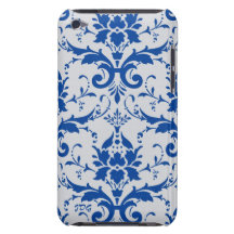 Damassé : bleu de cobalt, initiales gris-clair et  coques iPod Case-Mate