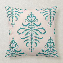Damassé feuillue - crème et Teal (conception bi-di Coussin