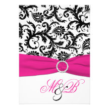 Damassé noire et blanche avec le ruban fuchsia de  cartons d'invitation