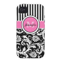 Damassé rayée rose, noire, blanche décorée d'un mo iPhone 4 case