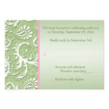 Damassé verte avec la carte- de réponse rose invitation personnalisable