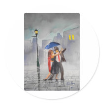 DANCING COUPLE UMBRELLA ROUND STICKERS